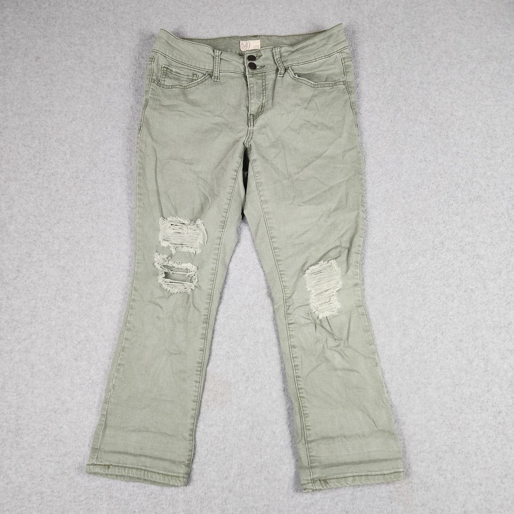 SO Cropped Pants Womens 9 Green Cotton Stretch Classic Five-Pocket Distressed